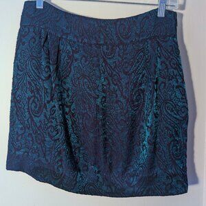 Teal Navy Metalic Paisley Mini Skirt • Textured Brocade Look • A-Line • Size 6-8
